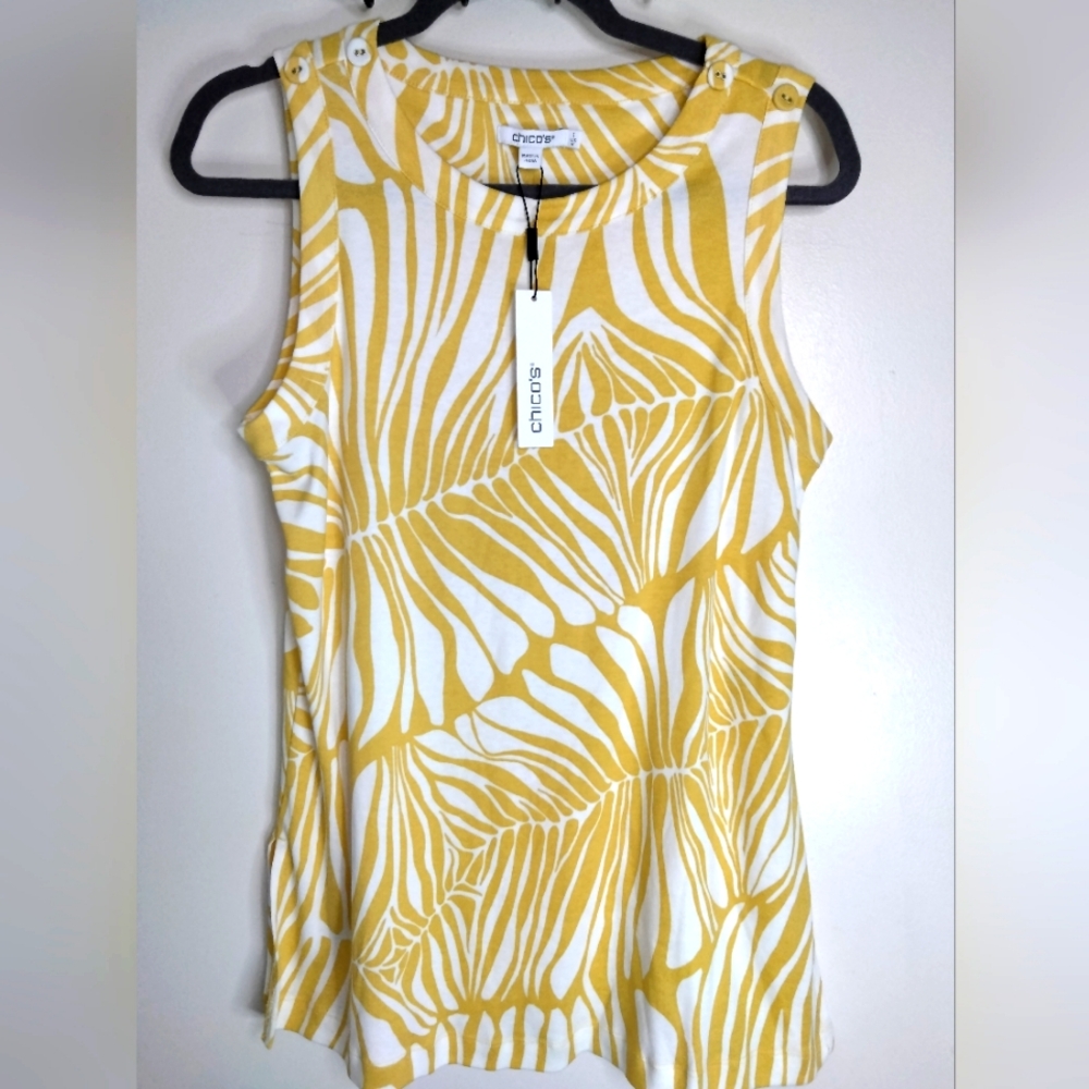 Chico's (Sz 1/M/8) Multicolor Basic Knit Jungle Leaf Button Tank Tunic (NEW-NWT)